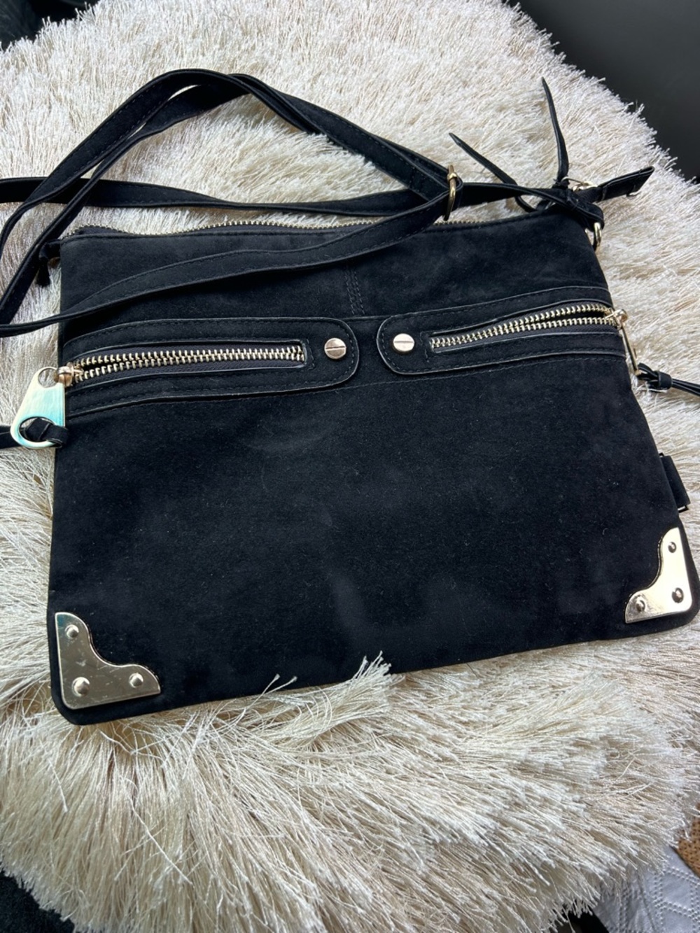 Black Suede Crossbody Bag with Gold Accents